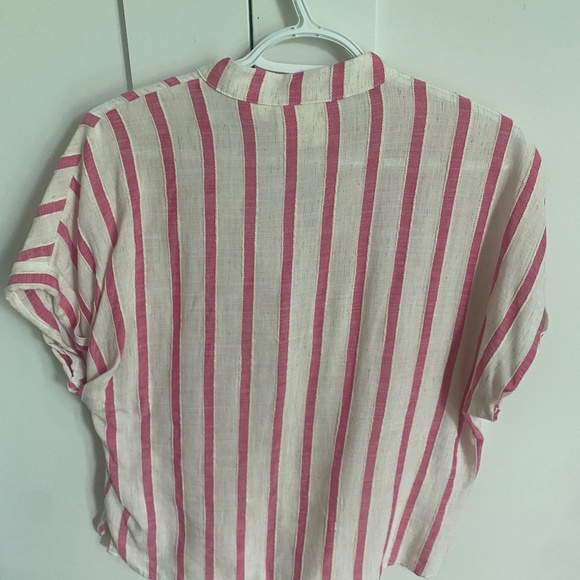 Maeve Crop Linen-Like Shirt - Pink & White - Picture 2 of 4